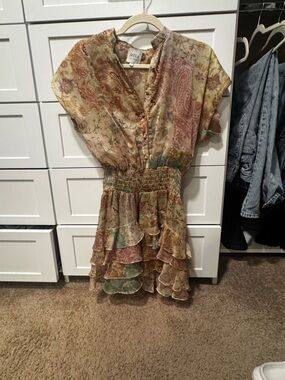 Misa Los Angeles Paisley Tiered Ruffle Mini Dress in Earth Tones